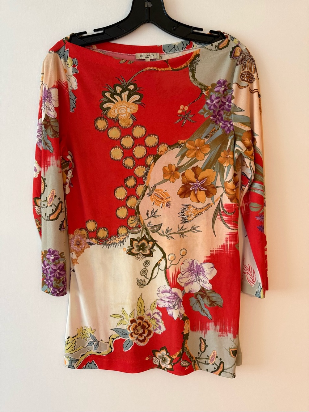 Etro Orange Red Floral Boatneck Tunic Size IT 46 US 12 L Made in Italy